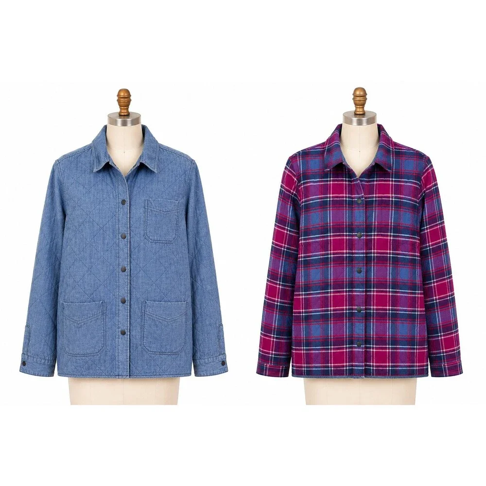 Lands' End Reversible Women's Jacket Size Large Snap Front Plaid Chambray Blue